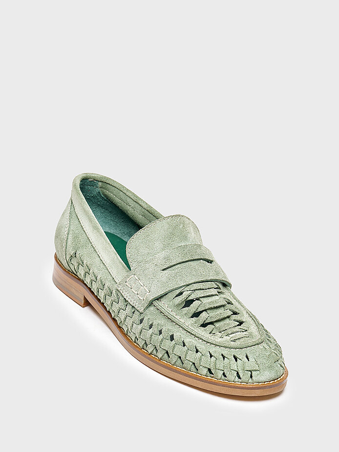 15272 KADIN LOAFER AYAKKABI YEŞİL SÜET ÖRGÜ - (1)