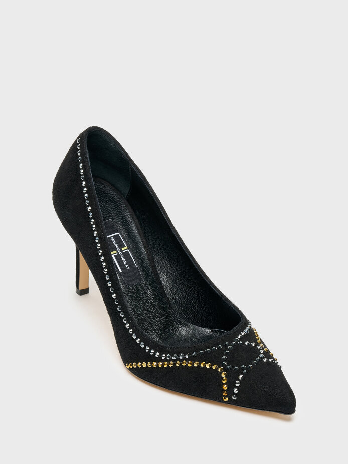 25159 KADIN STİLETTO AYAKKABI SİYAH SÜET/TAŞLI - (1)