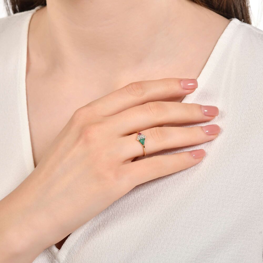 18 AYAR ROSE ALTIN 0,46 KARAT BAGET PIRLANTA ZÜMRÜT VE YAKUT YÜZÜK					 - 3