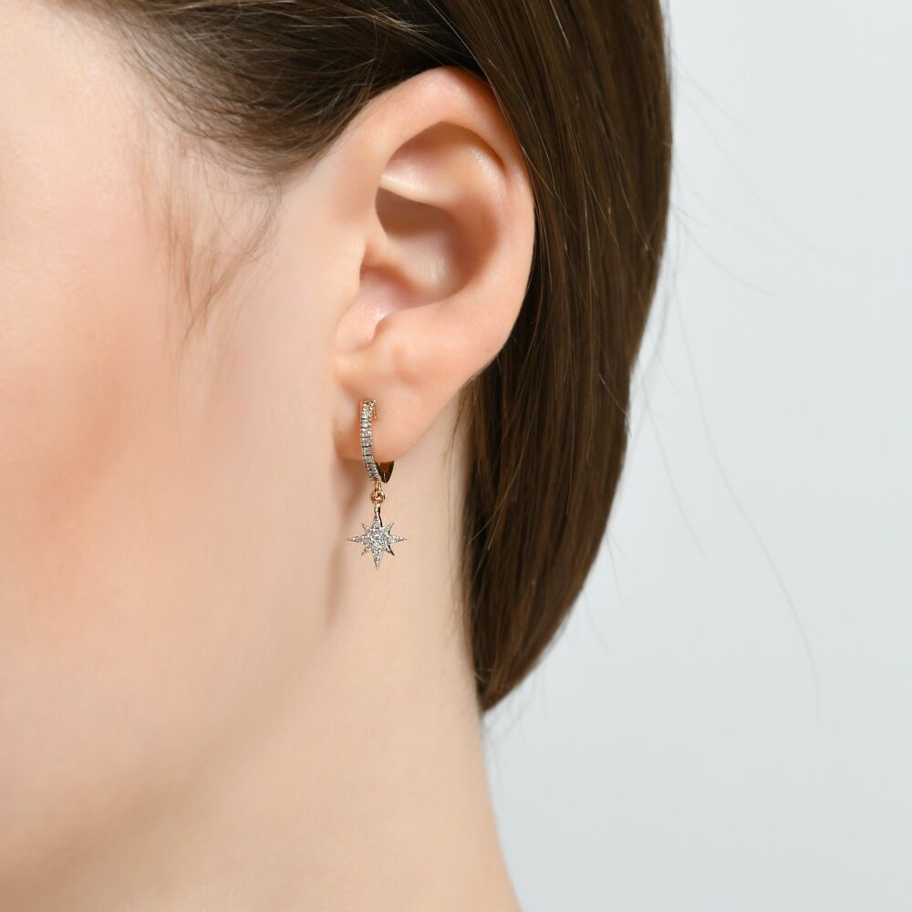 14 AYAR ROSE ALTIN 0,21 CT KUTUP YILDIZLI HALKA PIRLANTA KÜPE							 - 3