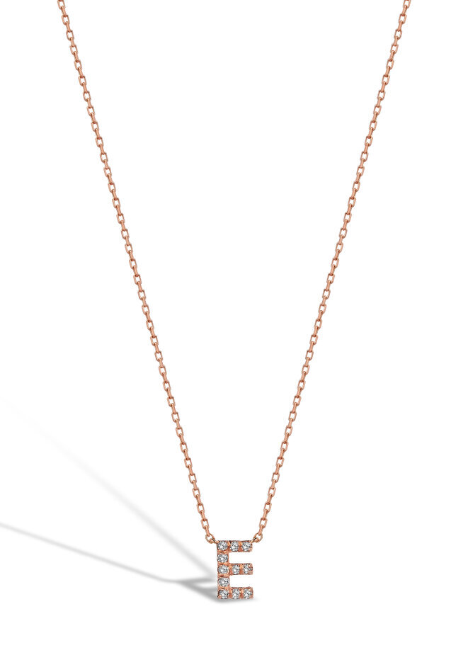 14 AYAR ROZ ALTIN 0,05 CT E HARFİ PIRLANTA KOLYE					 - 