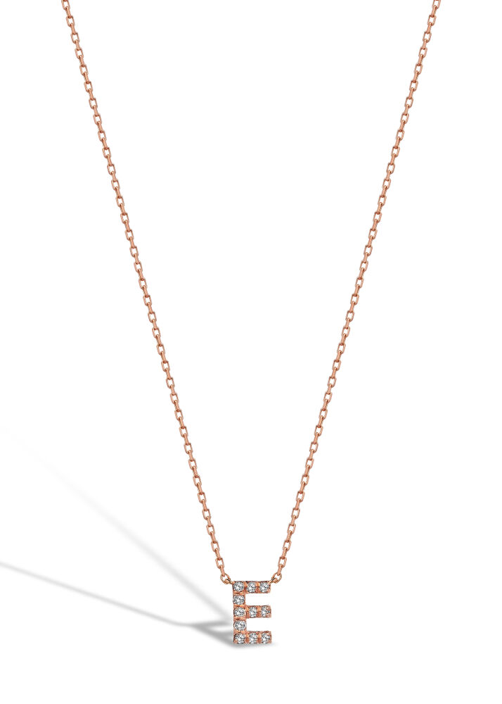 14 AYAR ROZ ALTIN 0,05 CT E HARFİ PIRLANTA KOLYE					 - 1